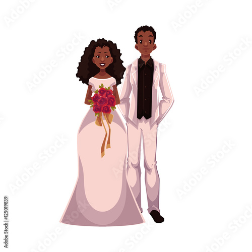 African American just married couple, bride and groom, cartoon vector illustration isolated on white background. Black bride and groom in fashionable clothing getting married