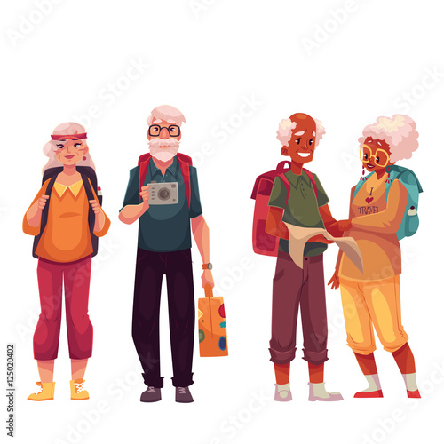 Senior, old couple travelling with backpacks, cartoon vector illustration isolated on white background. Full height portrait of elder couples at rest, on a trip, travelling together
