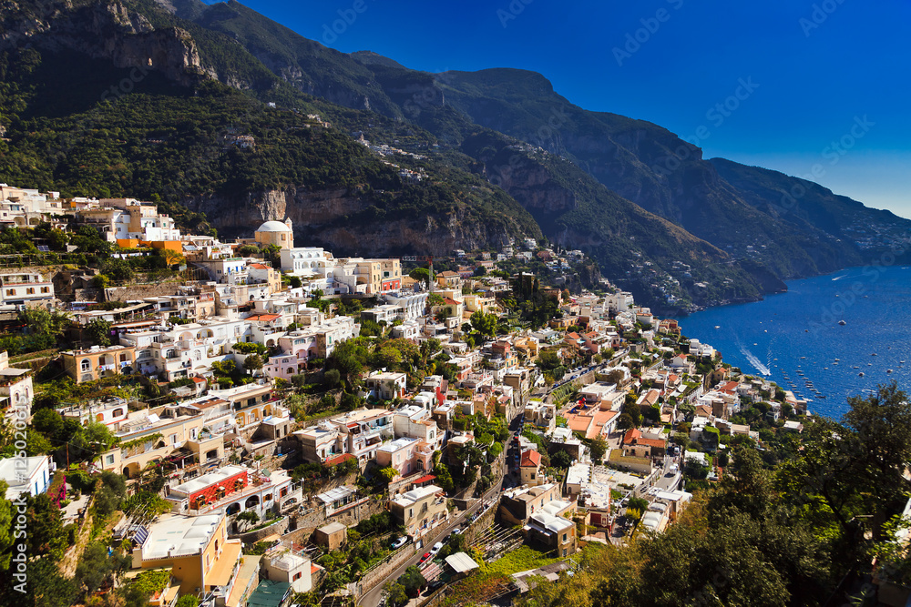 beautiful landscape view of the Positano Amalfi Coast, sea and mountains . Italy
