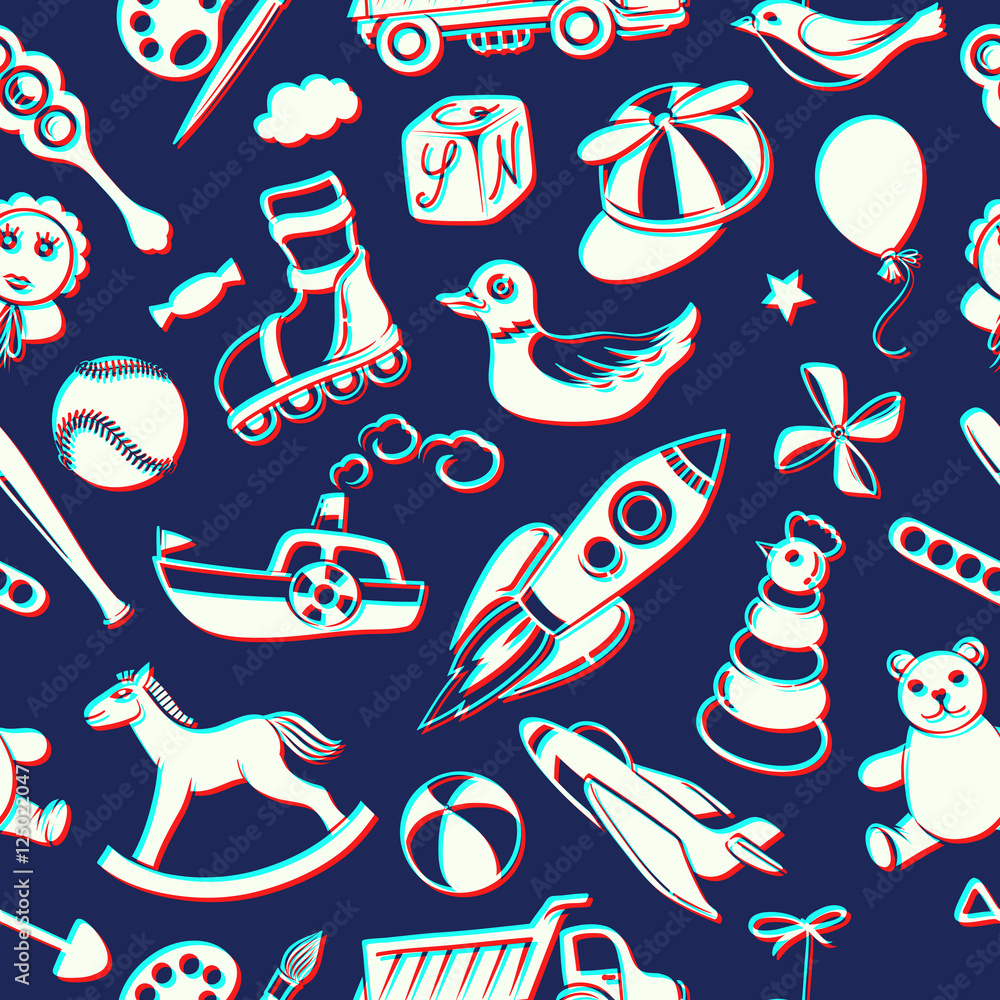 Obraz premium Children Seamless Vector Background with Cartoon Toys, stylized as 3d Illustration