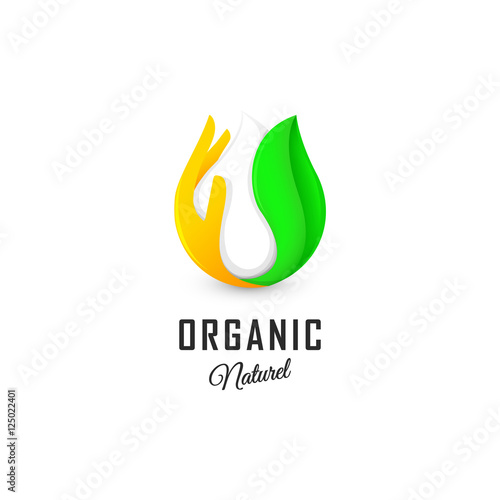 Isolated abstract white drop of milk in green fresh leaf and orange palm logo. Dairy products logotype. Sour cream or kefir icon. Organic products sign. Vector drop of milk illustration.