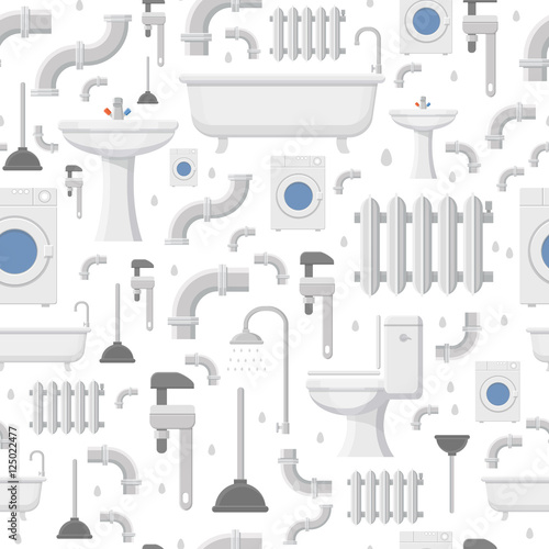 Plumbing service flat icons: water pipe, toilet, bathroom bathtub and heating repair tools, seamless pattern