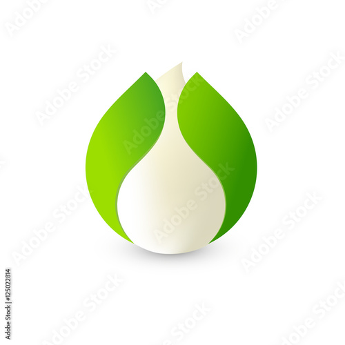 Isolated abstract white drop of milk in green fresh leaf logo. Dairy products logotype. Sour cream or kefir icon. Organic products sign. Vector drop of milk illustration.