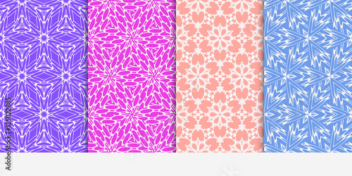 Abstract flower floral ornate seamless textures. patterns set. Linear geometric background.