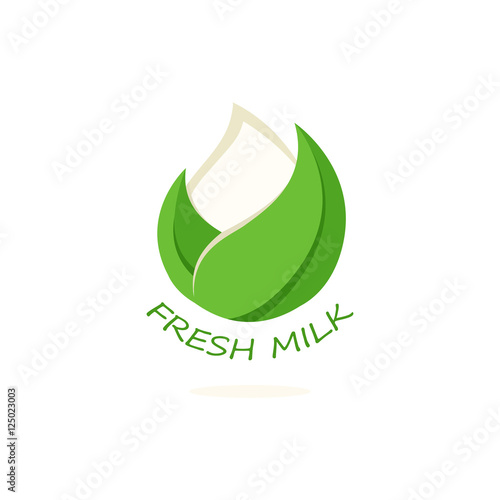 Isolated abstract white drop of milk in green fresh leaf logo. Dairy products logotype. Sour cream or kefir icon. Organic products sign. Vector drop of milk illustration.