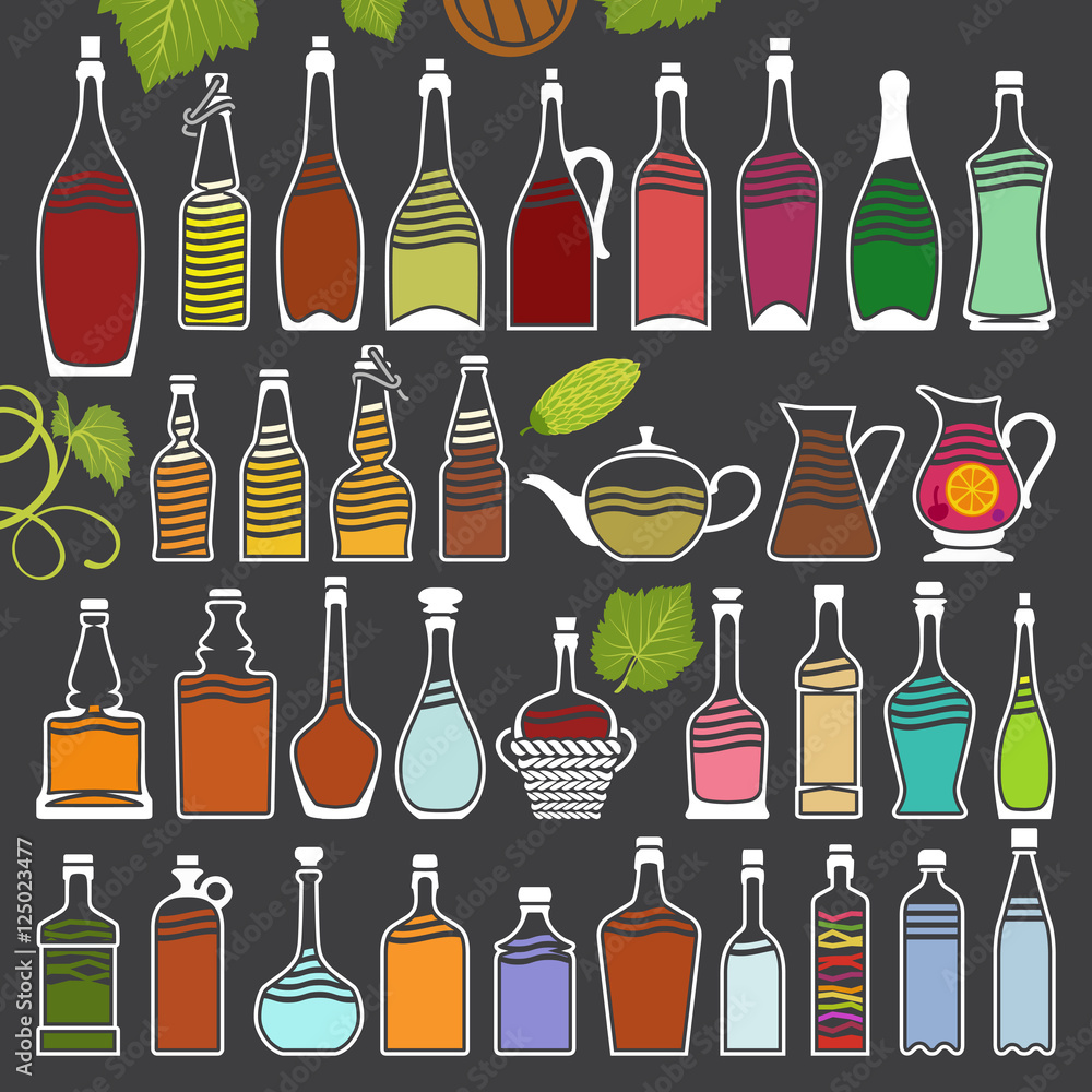 Minimalistic Retro Icons of Various Bottles with Schematic Drawings of Drinks Minimalistic Retro Icons of Various Bottles with Schematic Drawings of Drinks