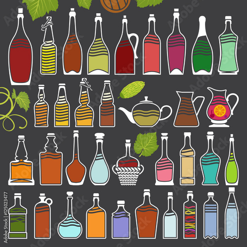Minimalistic Retro Icons of Various Bottles with Schematic Drawings of Drinks