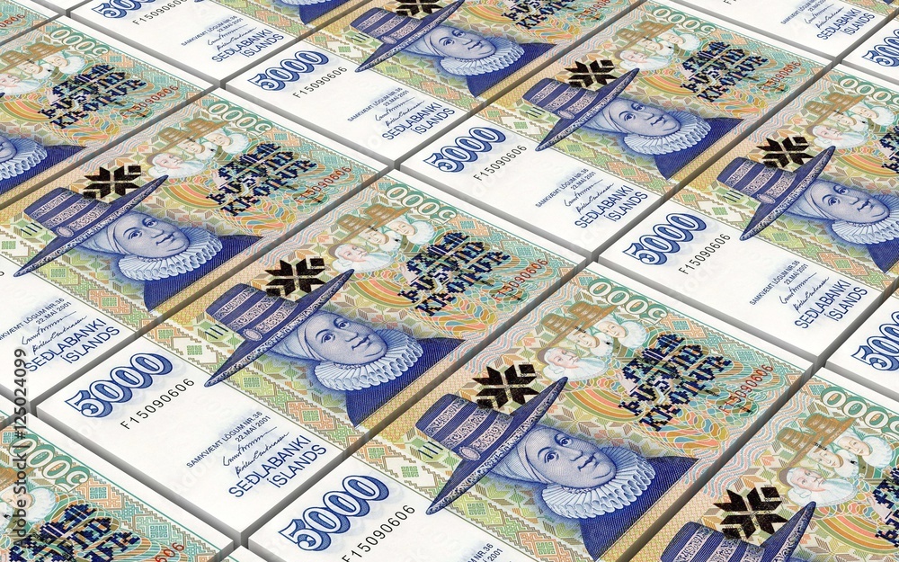 Icelandic krona bills stacks background. 3D illustration.