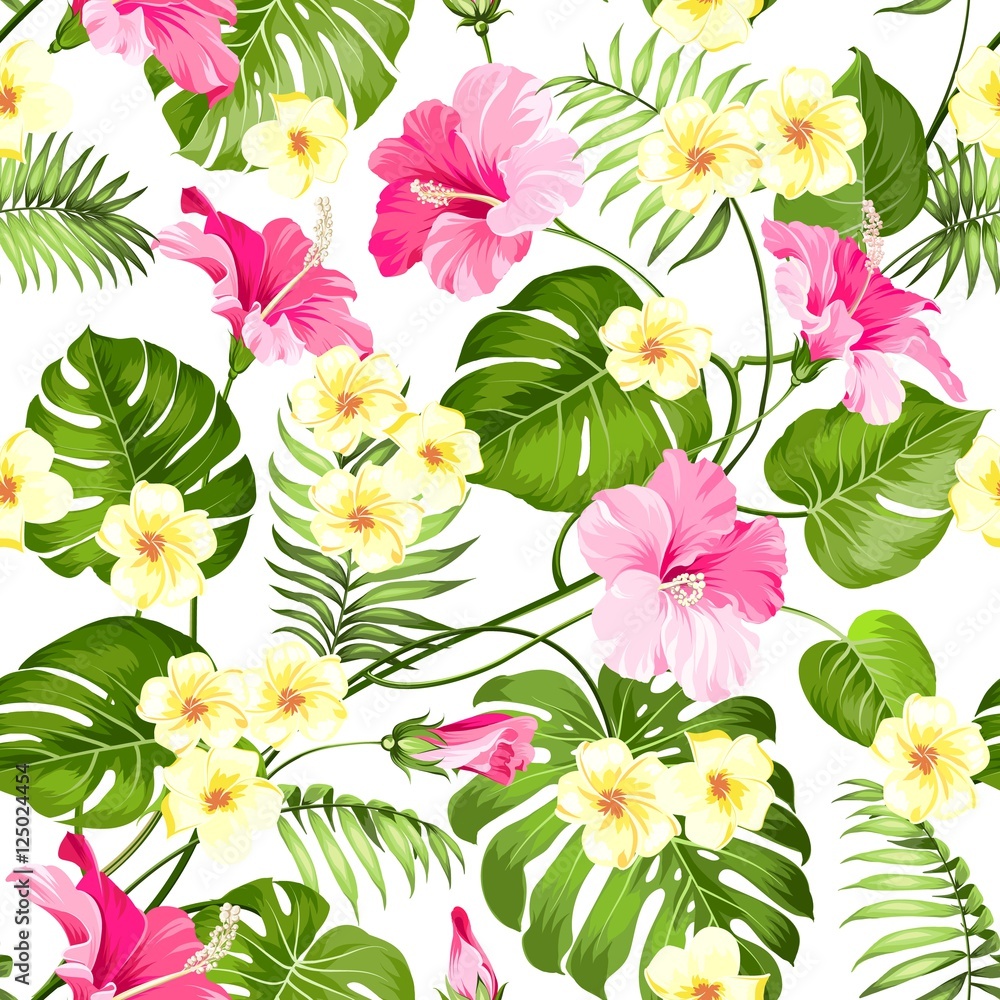 Seamless tropical flower. Tropical plumeria and green palm leaves ...