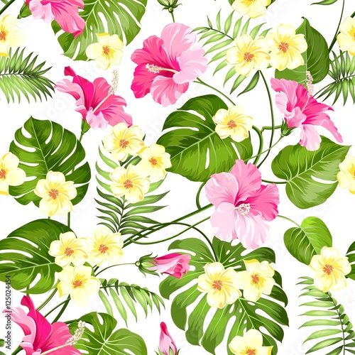 Seamless tropical flower. Tropical plumeria and green palm leaves. Light fabric swatch with pradise flowers isolated over white background. Blossom plumeria for seamless pattern background.