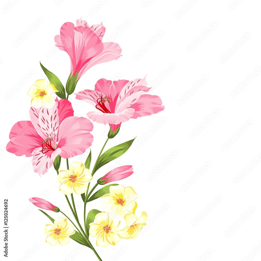 Happy holiday card with floral garland. Wedding garland set with tropical flowers for invitation card. Summer holiday invitation card with floral garland with text place. Vector illustration. Happy holiday card with floral garland. Wedding garland set with tropical flowers for invitation card. Summer holiday invitation card with floral garland with text place. Vector illustration.