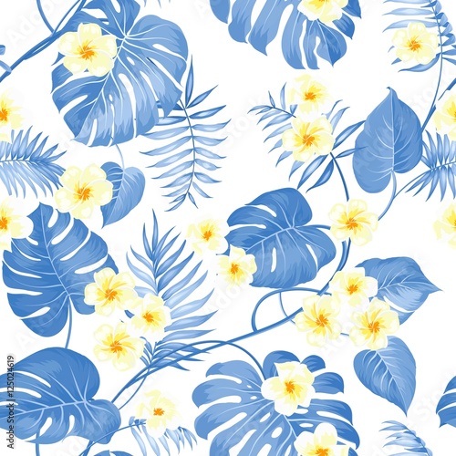Seamless tropical flower. Tropical plumeria and green palm leaves. Light fabric swatch with pradise flowers isolated over white background. Blossom plumeria for seamless pattern background.