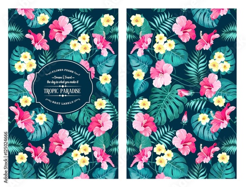 Tropical plumeria and green palm leaves. Dark fabric swatch with pradise flowers isolated over blue background. Seamless fabric texture. Vector illustration.