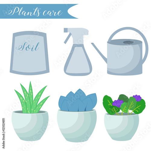 Vector set of indoor plants care icons: package of soil, flowerpots, watering pot, spray. Flat style.