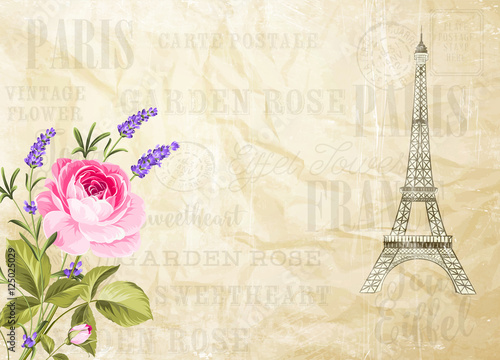 Eiffel tower simbol with spring blooming flowers over gray text pattern with sign Paris souvenir. Vector illustration.