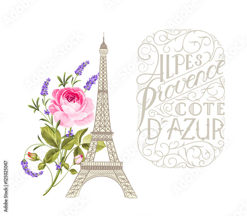 Retro label, vintage badge with calligraphic text and Eiffel tower simbol with blooming flowers. Vector illustration.