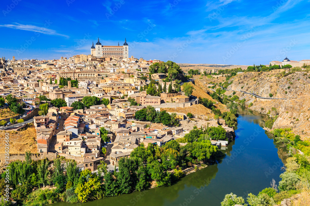 Toledo, Spain. Panoramic view of the old town and its Alcazar(Royal Palace).