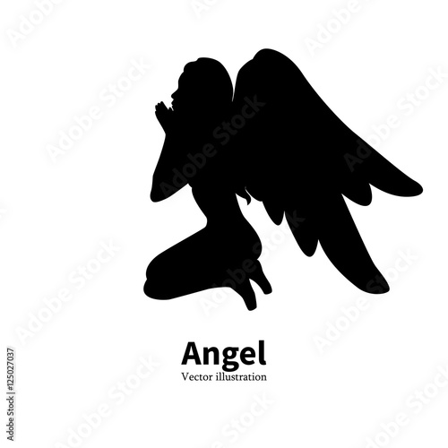 Vector silhouette girl with angel wings praying