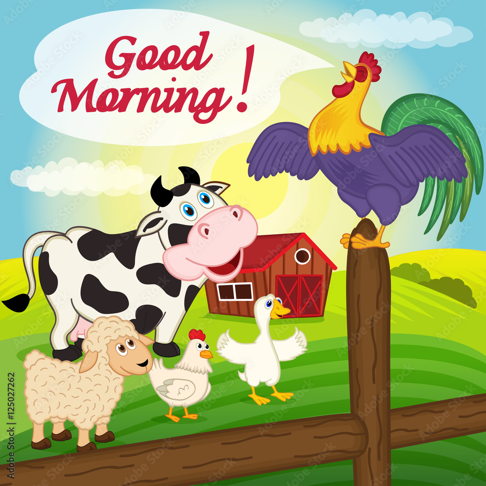 Fototapeta premium rooster sings on a fence in the morning - vector illustration, eps 