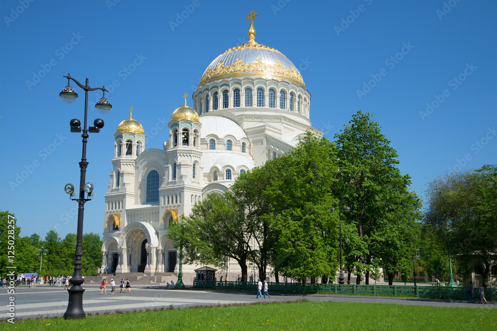 View of Sea St. Nicholas Cathedral on Yakornaya Square on the sunny May afternoon. Kronstadt, Russia