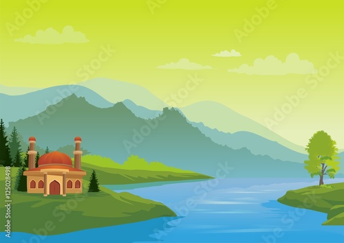 Islamic cartoons, with mosque and beautiful natural scenery