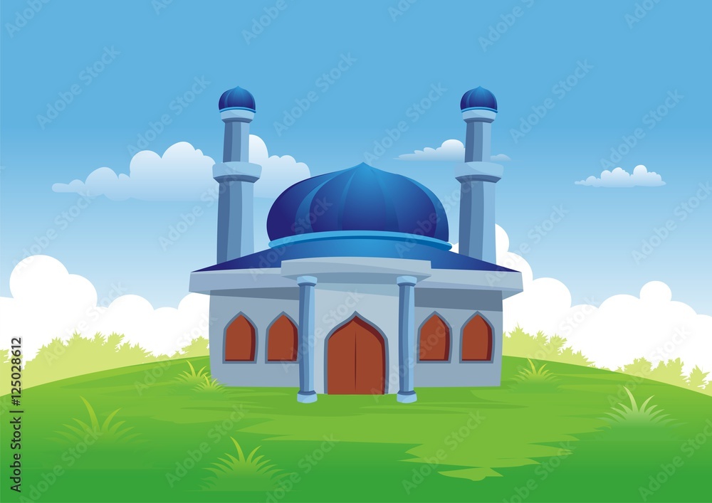 Islamic cartoons, with mosque and beautiful natural scenery
