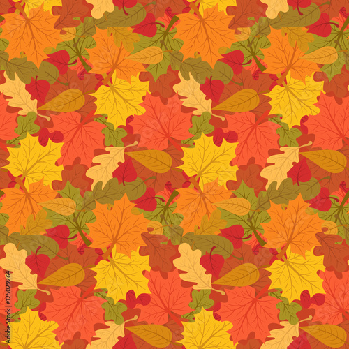 Autumn seamless pattern of colorful leaves. Vector illustration background. Endless