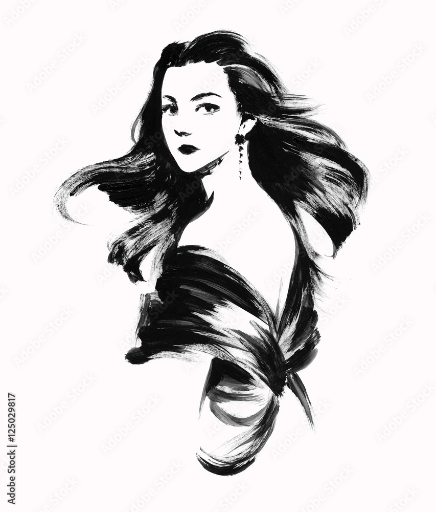 A sketch of the young woman with hair waving in the wind. Ink hand paint illustration. A sketch of the young woman with hair waving in the wind. Ink hand paint illustration.
