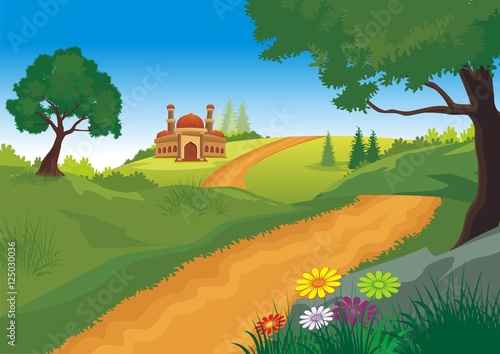 Canvas Print Islamic cartoons, with mosque and beautiful natural scenery