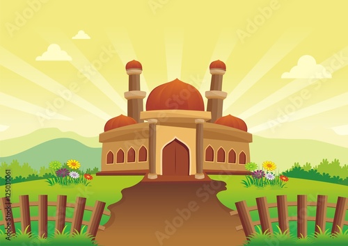 Islamic cartoons, with mosque and beautiful natural scenery