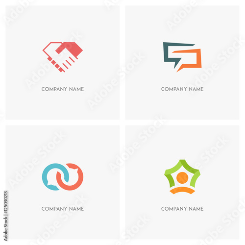Team work and conversation vector logo. Business handshake, two hands make a deal, dialog and chat symbols, person and star shape - teamwork, agreement and success icons.