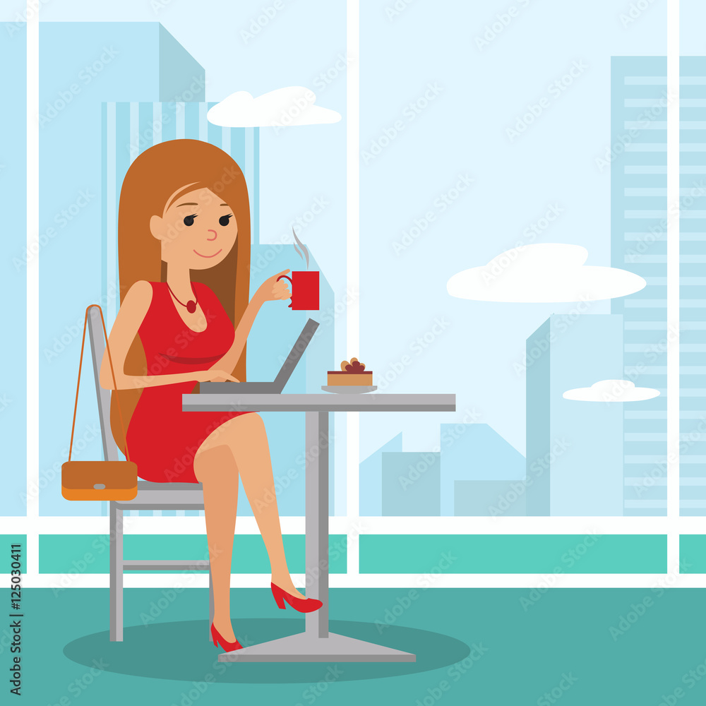 Young cute girl sitting at table drinking coffee and using laptop. Vector illustration of template for menu, brochure, flyers in cafe. Young cute girl sitting at table drinking coffee and using laptop. Vector illustration of template for menu, brochure, flyers in cafe.