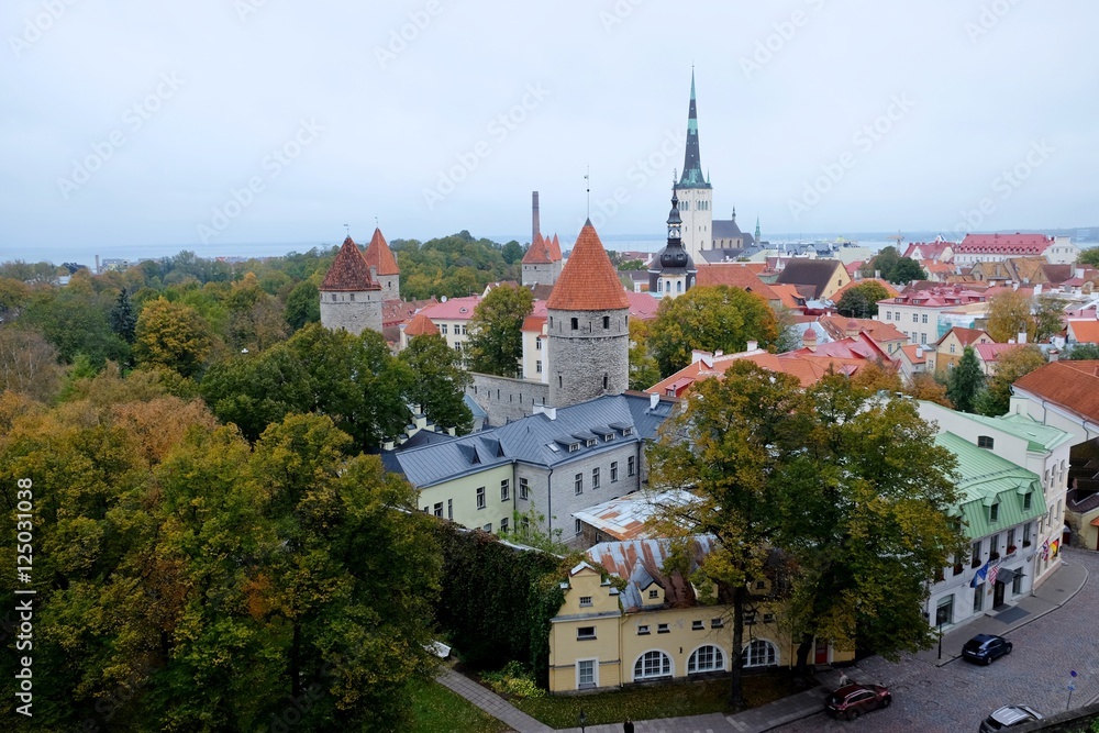 View at old town towers at autumn at the time of sunset. Photographed in Tallinn, Estonia, Europe