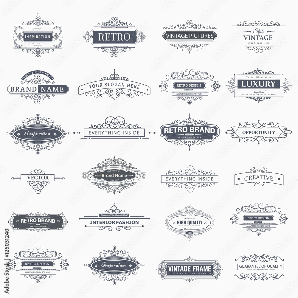 © lubashka - Set of creative vector templates for logos, label or banners on the theme of quality and business in vintage style. Flourishes calligraphic elements. Design frame and page decor