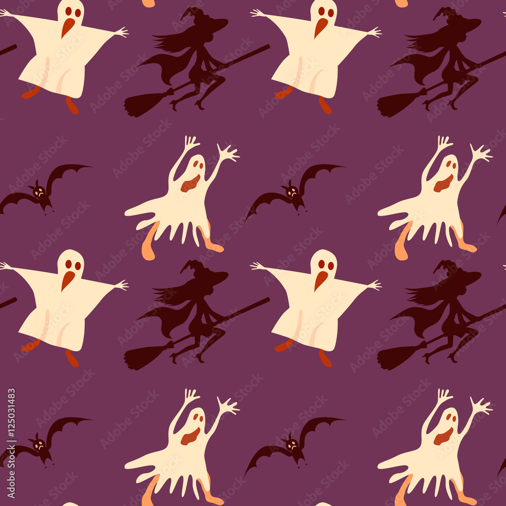 Halloween seamless pattern. Bat witch on broom silhouette ghost. Vector background vintage color.