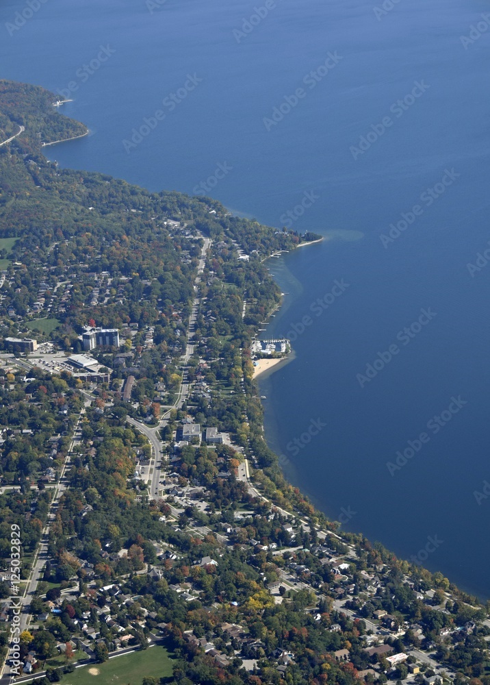aerial view of neigborhoods along the North Shore in barrie, Ontario Canada 