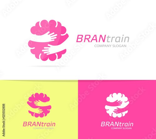 Vector brain and hands logo combination. Education and embrace symbol or icon. Unique science and idea logotype design template.