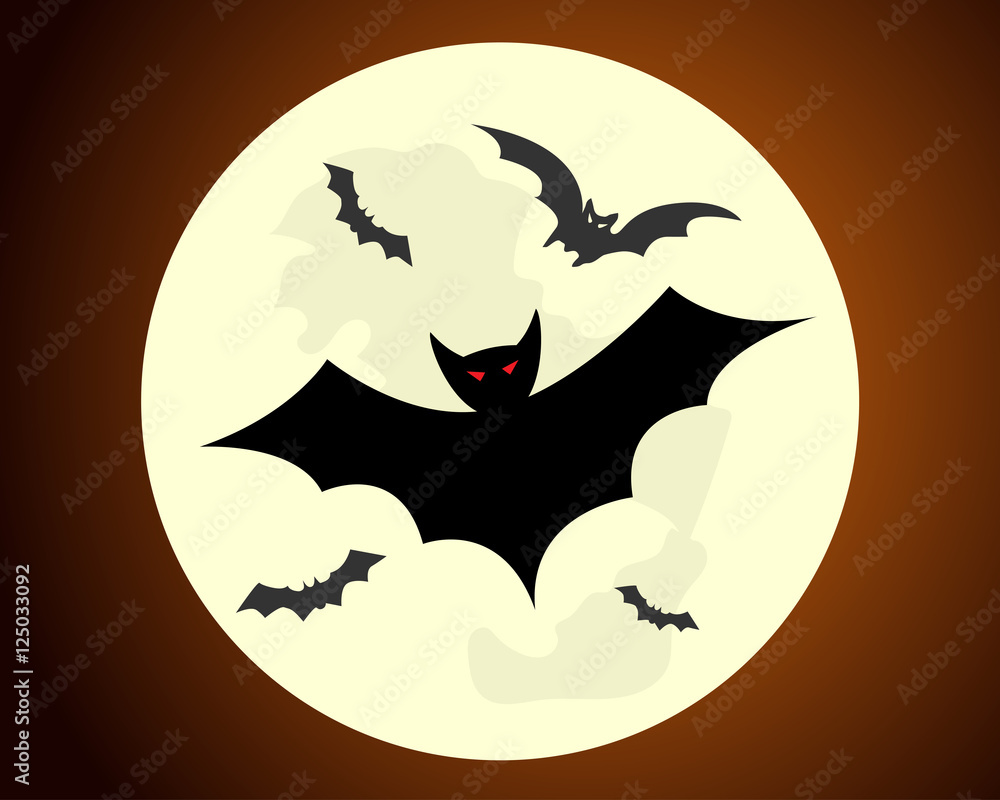 Halloween bats flying on a full moon background