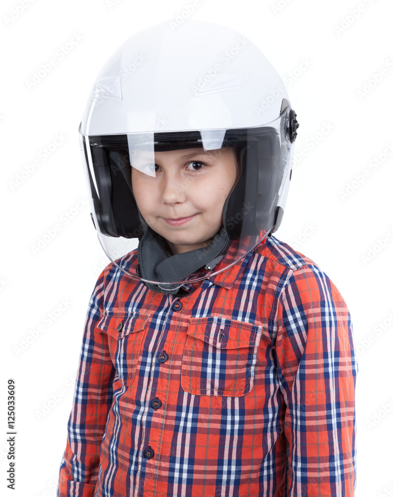 Portrait of Caucasian kid wearing flip front helmet, isolated white background Portrait of Caucasian kid wearing flip front helmet, isolated white background