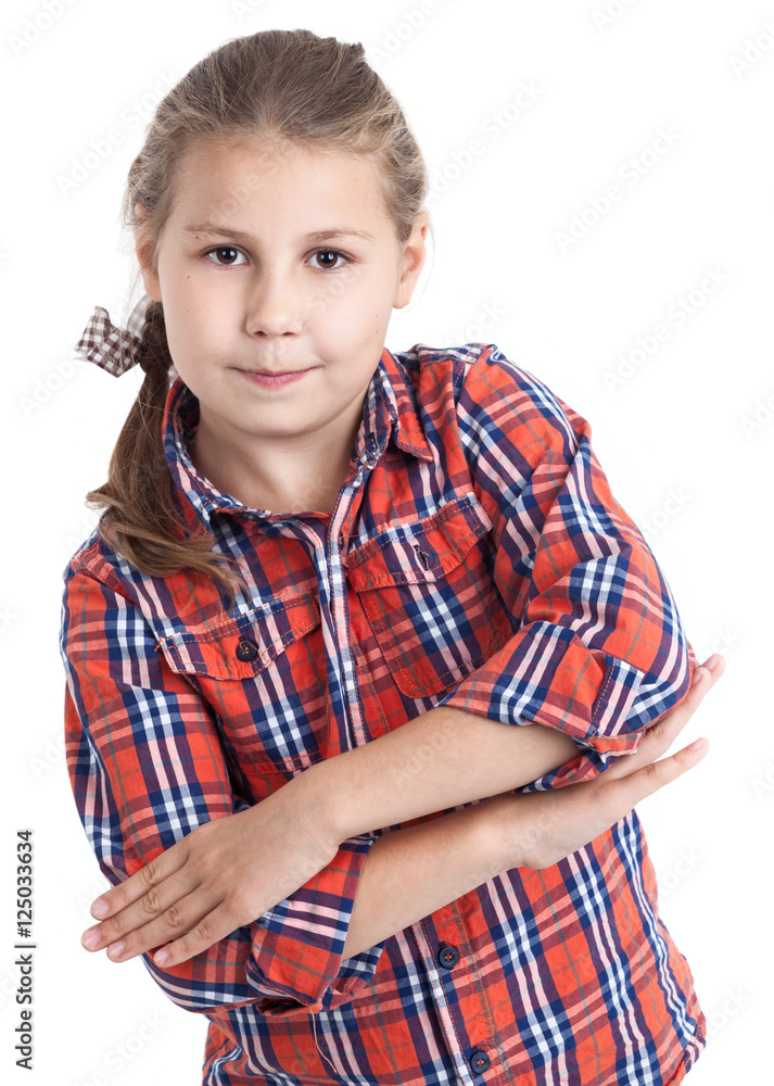 Portrait of young girl with blond hair and brown eyes, clasped nahds, isolated white background Portrait of young girl with blond hair and brown eyes, clasped nahds, isolated white background