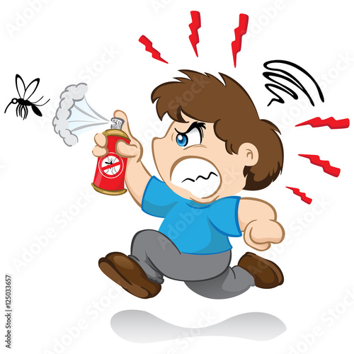Illustration represents a character yuyu, children's mascot boy fighting the mosquito that transmits the dengue virus or zika with insecticide spray. nervous running after mosquito
