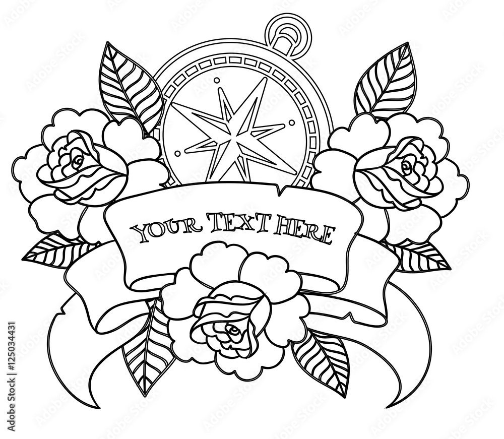 шаблон, контур, эскиз татуировки олдскул цветы лента и компас Stock Vector  | Adobe Stock