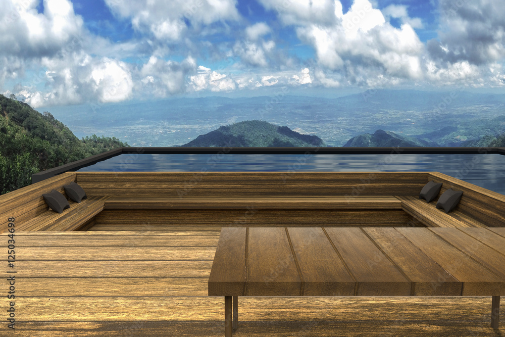 3D rendering : illustration of modern wooden resort or home at outdoor rest zone with beautiful view on the top of mountain and near blue sky.wooden terrace steps floor.wooden table on foreground 3D rendering : illustration of modern wooden resort or home at outdoor rest zone with beautiful view on the top of mountain and near blue sky.wooden terrace steps floor.wooden table on foreground
