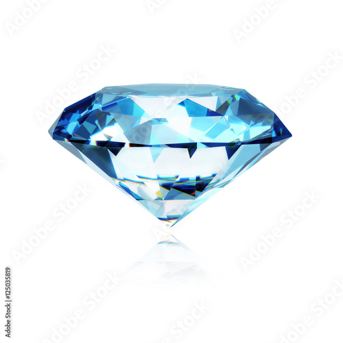Blue realistic diamond isolated on white background with reflection - 3d diamond illustration
