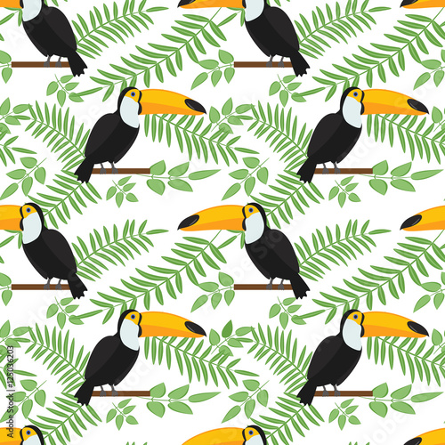 Tropical bird seamless pattern background. Toucan sitting on branch. Vector illustration.