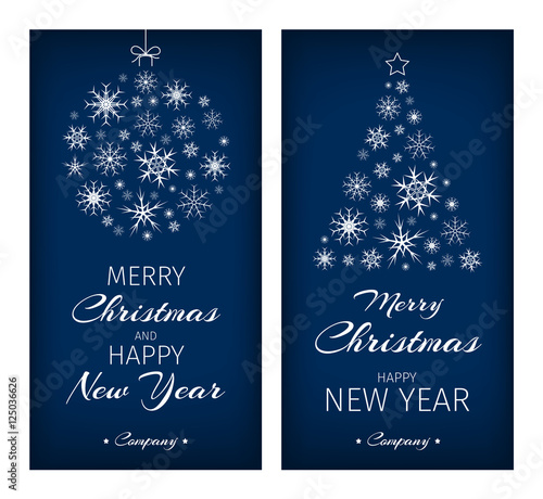 Christmas cards with tree and ball composed from snowflakes.