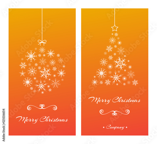 Christmas cards with tree and ball from snowflakes on orange.