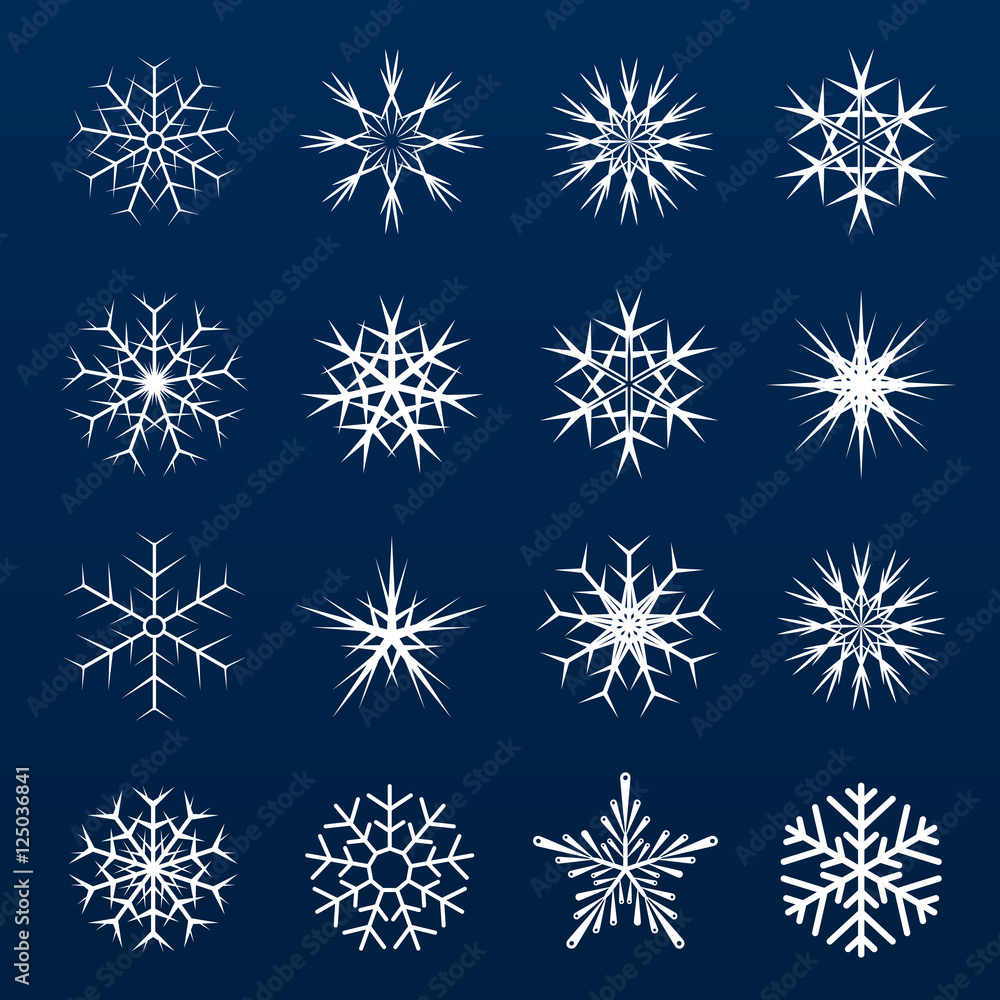 Set of snowflakes graphic icon on blue. Set of snowflakes graphic icon on blue.