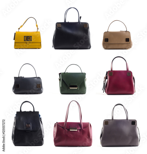 group of color leather women handbags isolated on white background