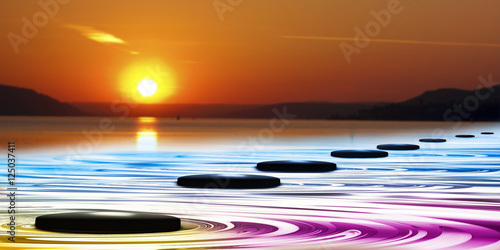Stones in the water at sunset, 3d illustration